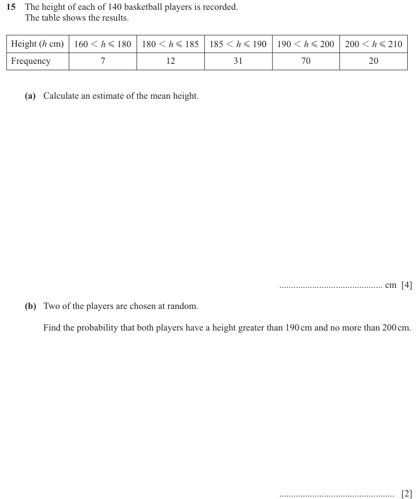 IGCSE 0580 Jun 2025 Paper 41 Question 15 — Grouped data (Extended, 9 marks)