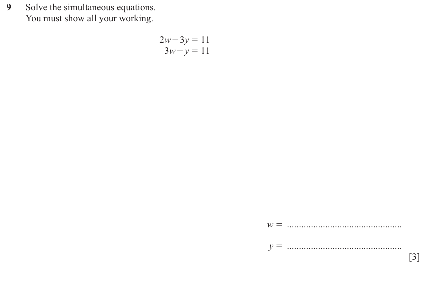 IGCSE 0580 Jun 2025 Paper 42 Question 9 — Simultaneous equations (Extended, 3 marks)