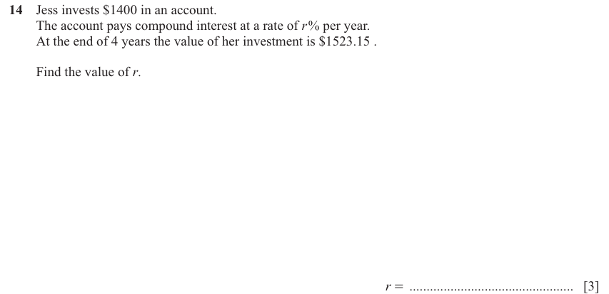 IGCSE Mathematics 0580 May/June 2025 Paper 43 Question 14 – Numbers, Simple and compound interest, 3 marks
