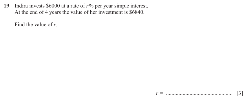 IGCSE Mathematics 0580 Oct/Nov 2023 Paper 11 Question 19 – Numbers, Simple and compound interest, 3 marks