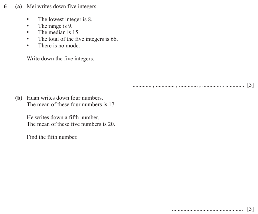 IGCSE Mathematics 0580 Oct/Nov 2023 Paper 11 Question 6 – Statistics, Averages (discrete data), 6 marks