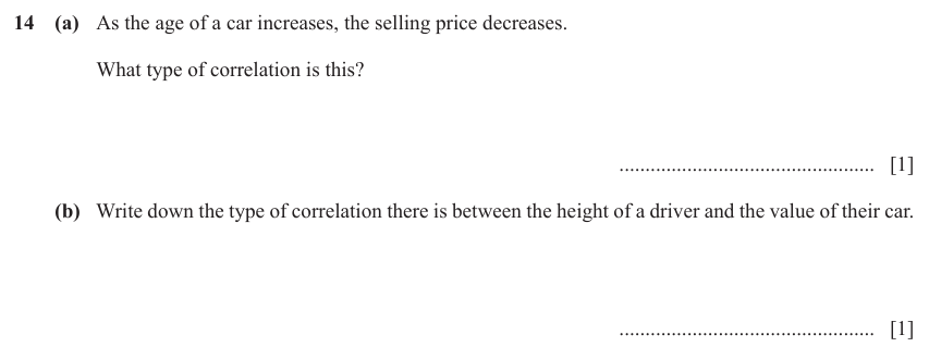 IGCSE Mathematics 0580 Oct/Nov 2023 Paper 12 Question 14 – Statistics, Scatter diagrams, 2 marks