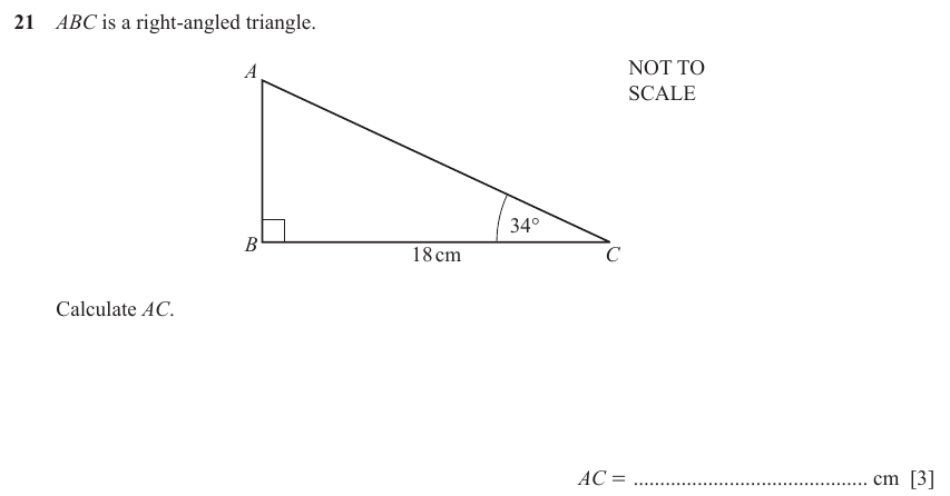 IGCSE Mathematics 0580 Oct/Nov 2023 Paper 12 Question 21 – Trigonometry, Right angled triangles, 3 marks