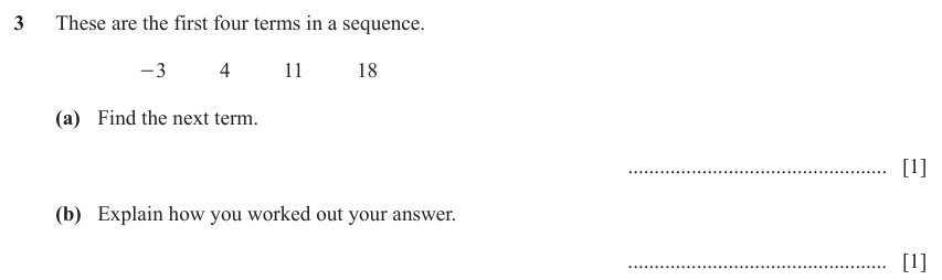 IGCSE Mathematics 0580 Oct/Nov 2023 Paper 12 Question 3 – Algebra, Sequences, 2 marks
