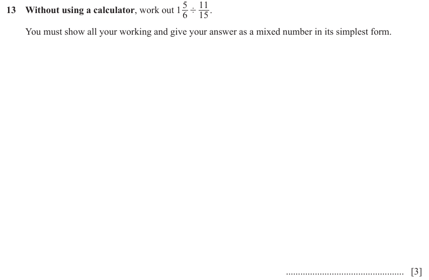 IGCSE Mathematics 0580 Oct/Nov 2023 Paper 13 Question 13 – Numbers, Operations with fractions (non calculator), 3 marks