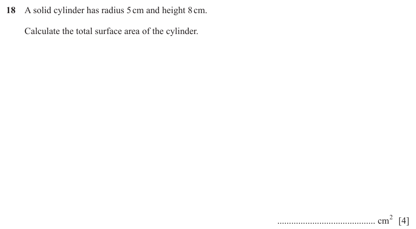 IGCSE Mathematics 0580 Oct/Nov 2023 Paper 22 Question 18 – Mensuration, Perimeter, Area and Volume, 4 marks