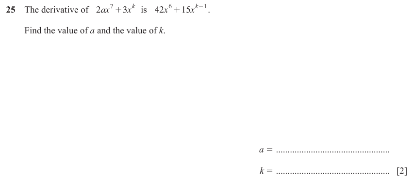 IGCSE Mathematics 0580 Oct/Nov 2023 Paper 22 Question 25 – Functions and Graphs, Calculus, 2 marks