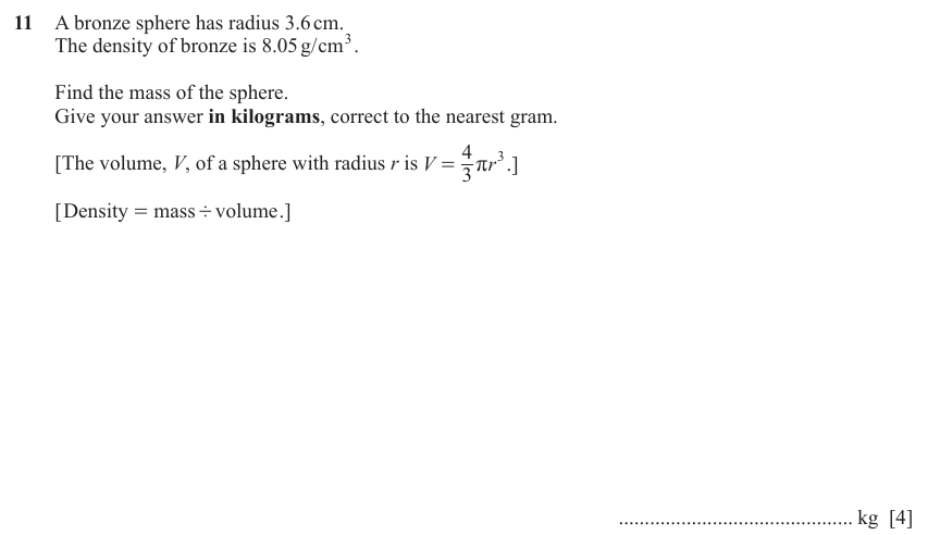 IGCSE Mathematics 0580 Oct/Nov 2023 Paper 23 Question 11 – Mensuration, Perimeter, Area and Volume, 4 marks
