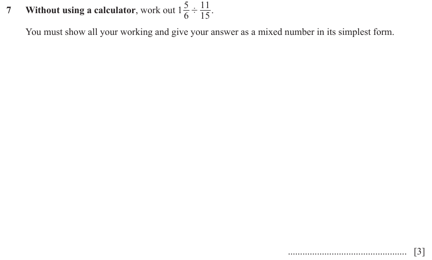 IGCSE Mathematics 0580 Oct/Nov 2023 Paper 23 Question 7 – Numbers, Operations with fractions (non calculator), 3 marks