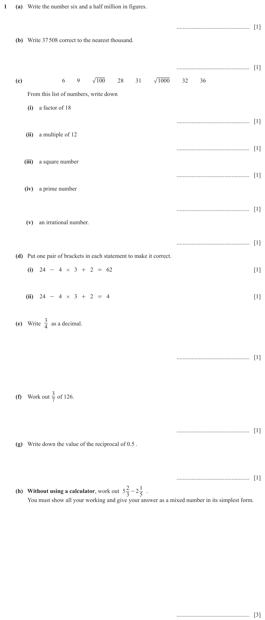 IGCSE Mathematics 0580 Oct/Nov 2023 Paper 31 Question 1 – Numbers, The four rules, 15 marks
