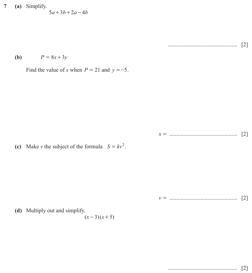 IGCSE Mathematics 0580 Oct/Nov 2023 Paper 31 Question 7 – Algebra, Basic algebra, 13 marks
