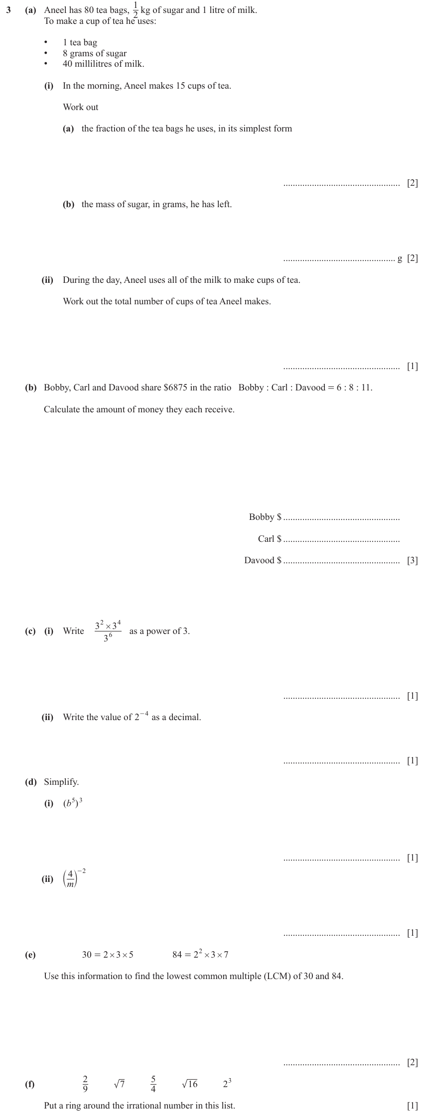 IGCSE Mathematics 0580 Oct/Nov 2023 Paper 33 Question 3 – Numbers, Fractions, decimals and percentages, 15 marks