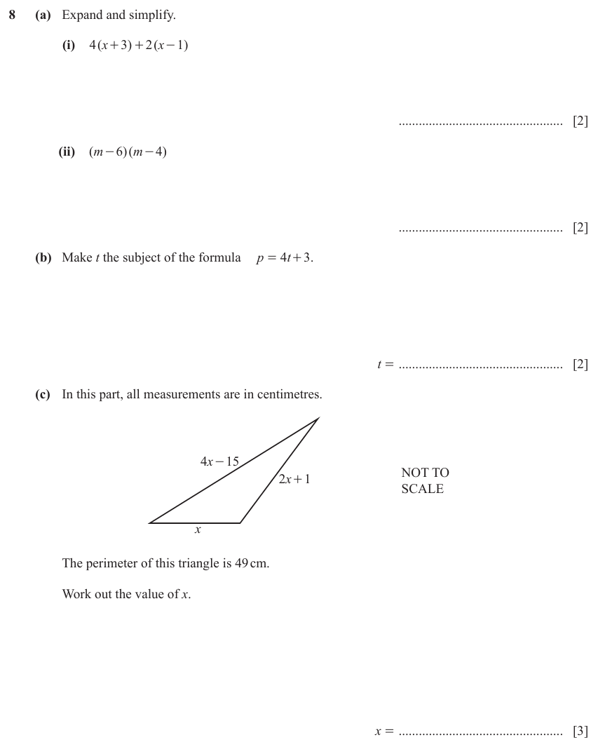 IGCSE Mathematics 0580 Oct/Nov 2023 Paper 33 Question 8 – Algebra, Basic algebra, 9 marks