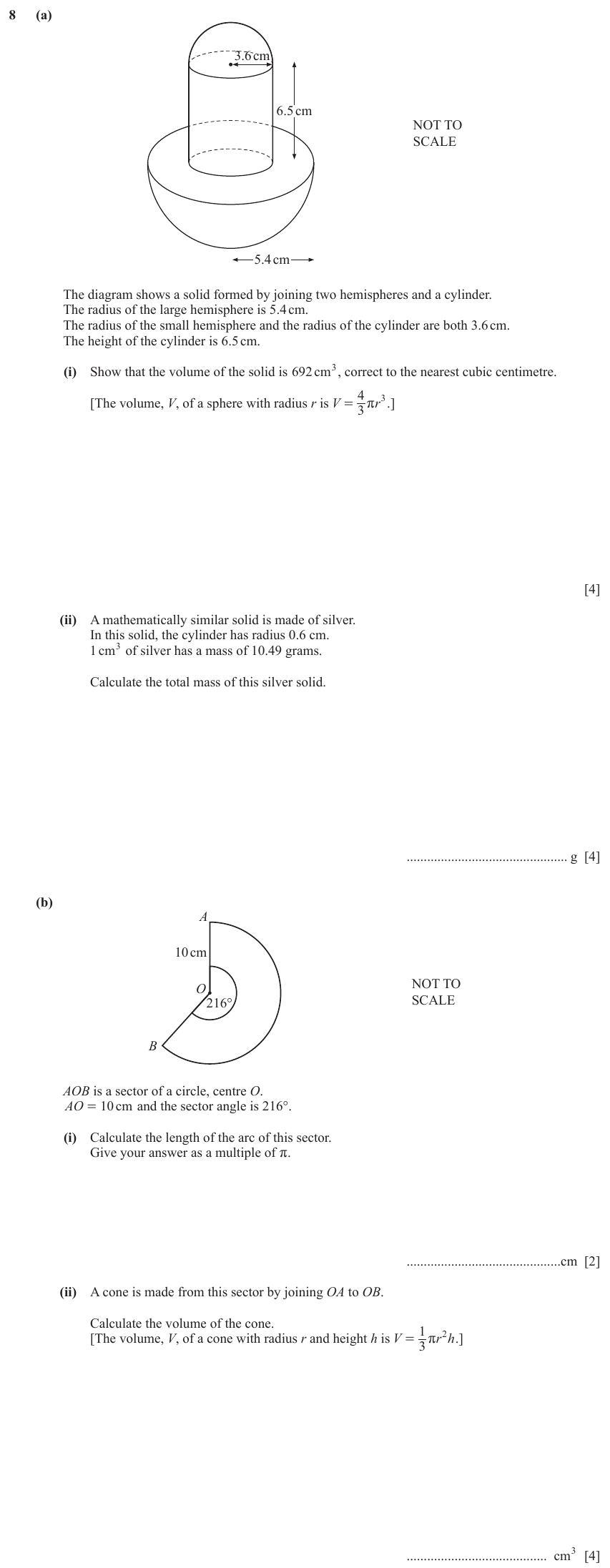 IGCSE Mathematics 0580 Oct/Nov 2023 Paper 41 Question 8 – Mensuration, Perimeter, Area and Volume, 14 marks