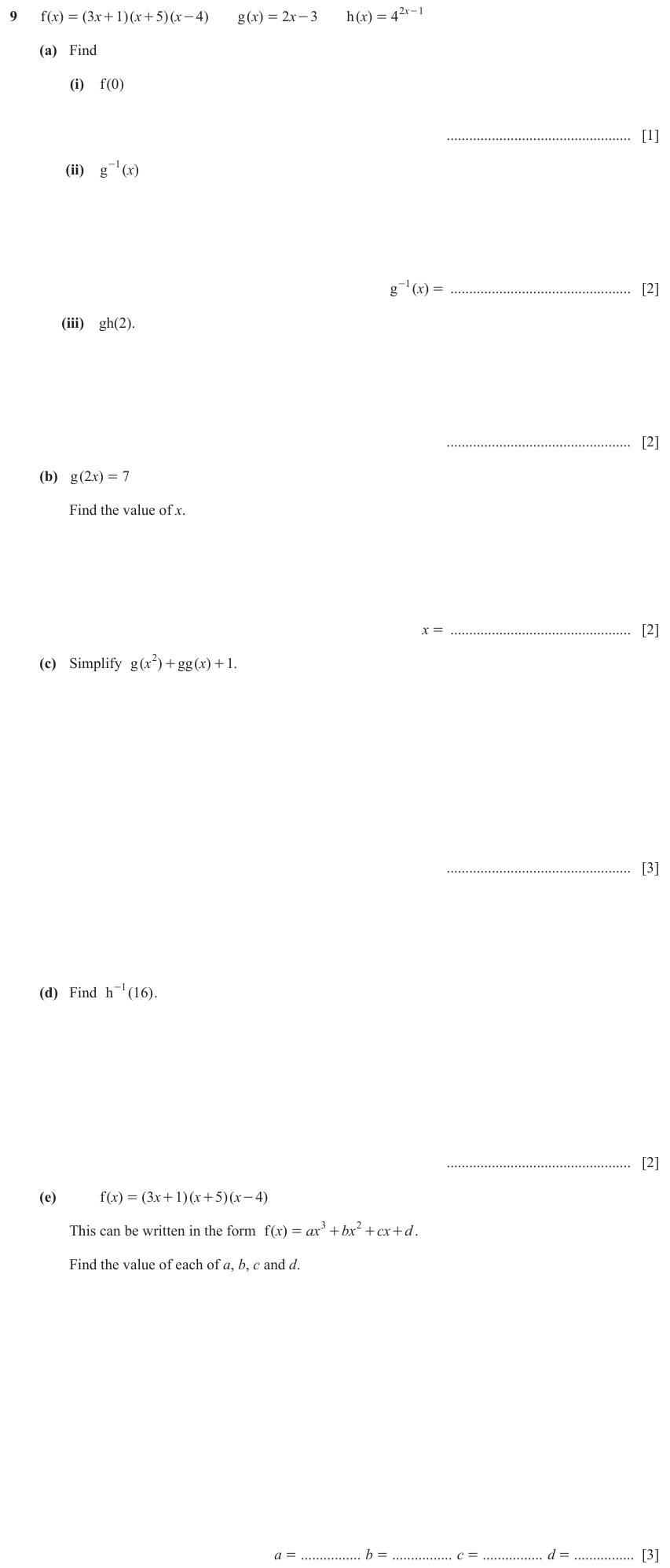 IGCSE Mathematics 0580 Oct/Nov 2023 Paper 41 Question 9 – Functions and Graphs, Graphs of functions, 15 marks