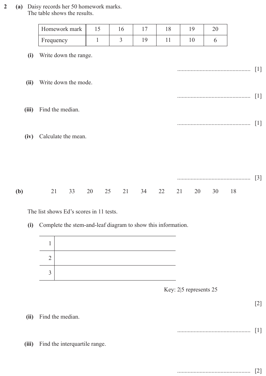 IGCSE Mathematics 0580 Oct/Nov 2023 Paper 42 Question 2 – Statistics, Averages (discrete data), 11 marks