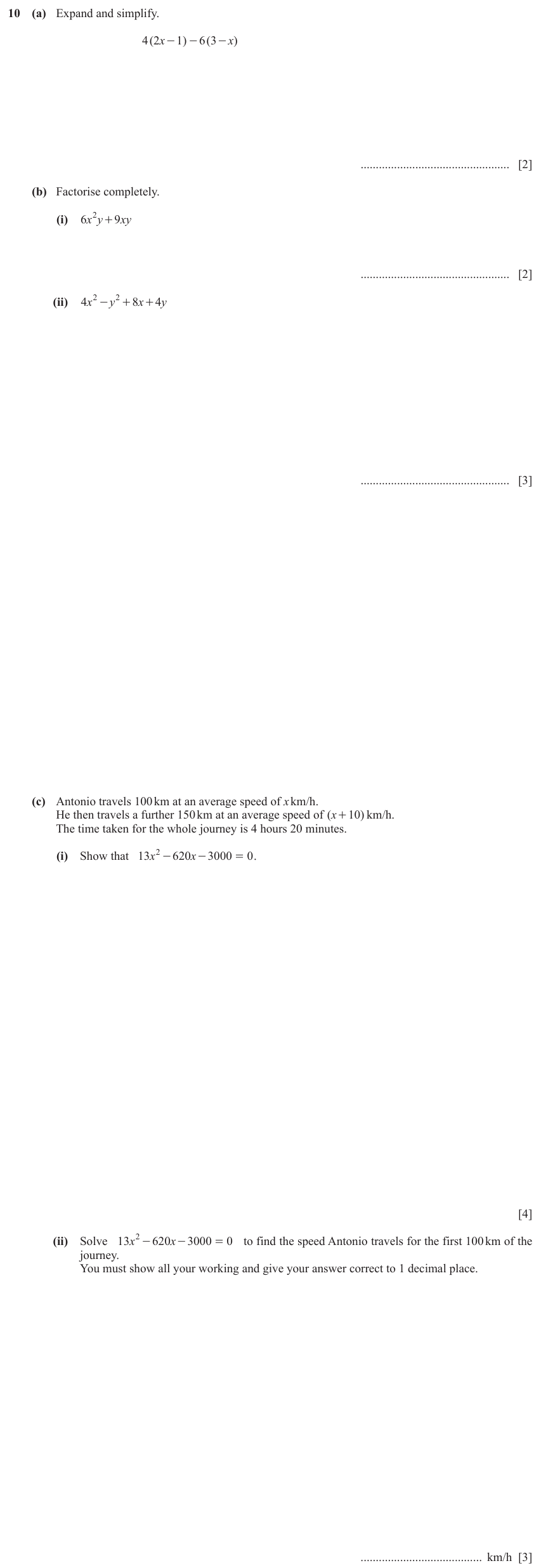 IGCSE Mathematics 0580 Oct/Nov 2023 Paper 43 Question 10 – Algebra, Basic algebra, 14 marks