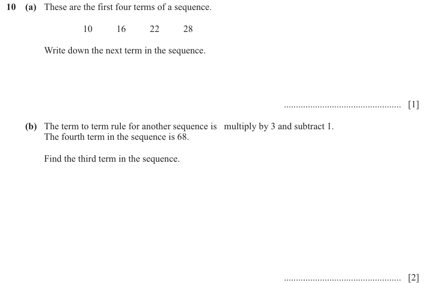 IGCSE Mathematics 0580 Oct/Nov 2024 Paper 11 Question 10 – Algebra, Sequences, 3 marks