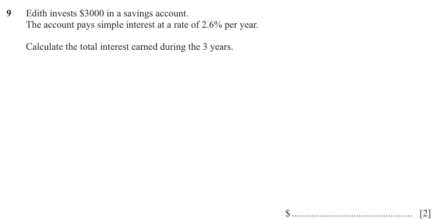 IGCSE 0580 Nov 2024 Paper 11 Question 9 — Simple and compound interest (Core, 2 marks)