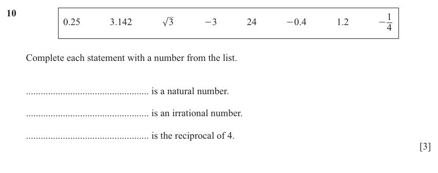 IGCSE Mathematics 0580 Oct/Nov 2024 Paper 12 Question 10 – Numbers, Operations with fractions (non calculator), 3 marks