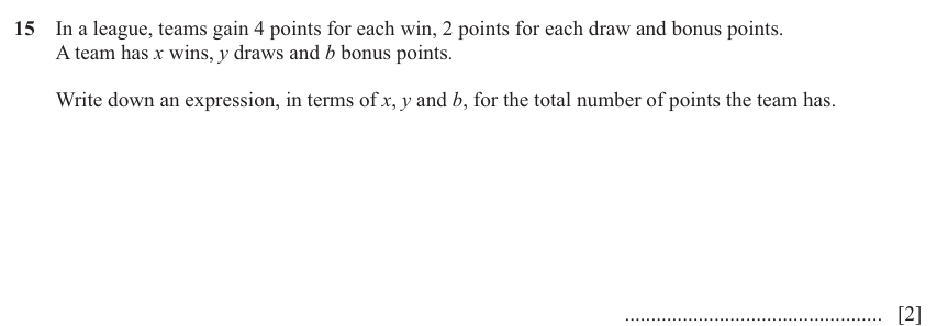 IGCSE Mathematics 0580 Oct/Nov 2024 Paper 12 Question 15 – Algebra, Basic algebra, 2 marks