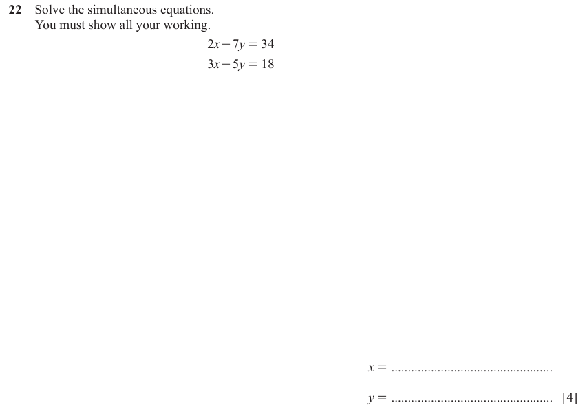 IGCSE 0580 Nov 2024 Paper 12 Question 22 — Simultaneous equations (Core, 4 marks)