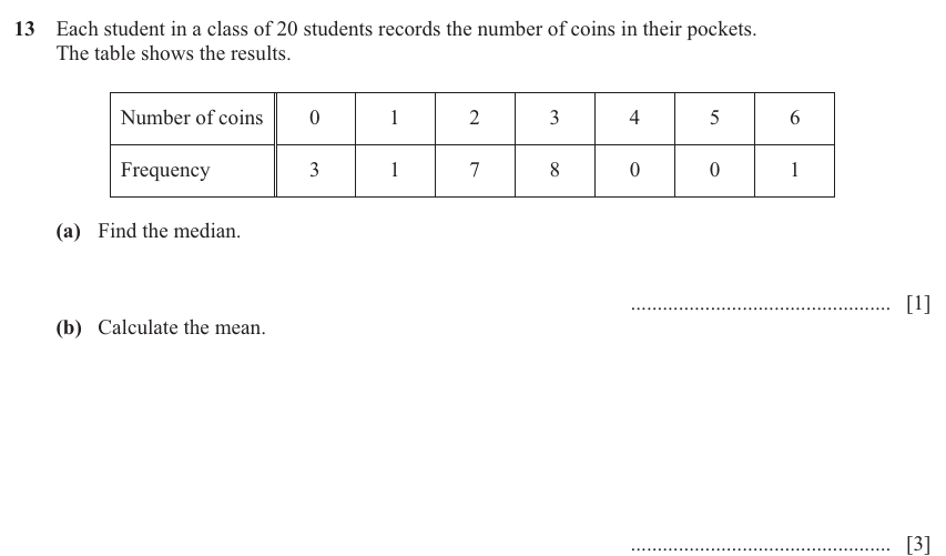 IGCSE Mathematics 0580 Oct/Nov 2024 Paper 13 Question 13 – Statistics, Averages (discrete data), 4 marks