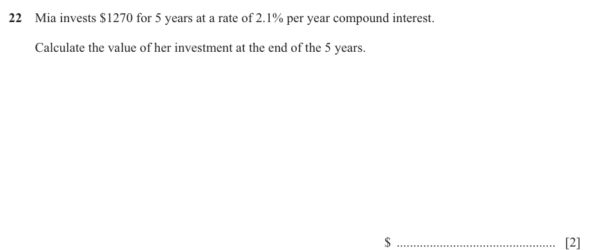 IGCSE Mathematics 0580 Oct/Nov 2024 Paper 13 Question 22 – Numbers, Simple and compound interest, 2 marks