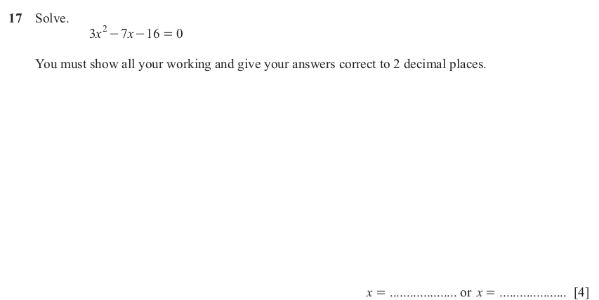 IGCSE Mathematics 0580 Oct/Nov 2024 Paper 21 Question 17 – Algebra, Basic algebra, 4 marks
