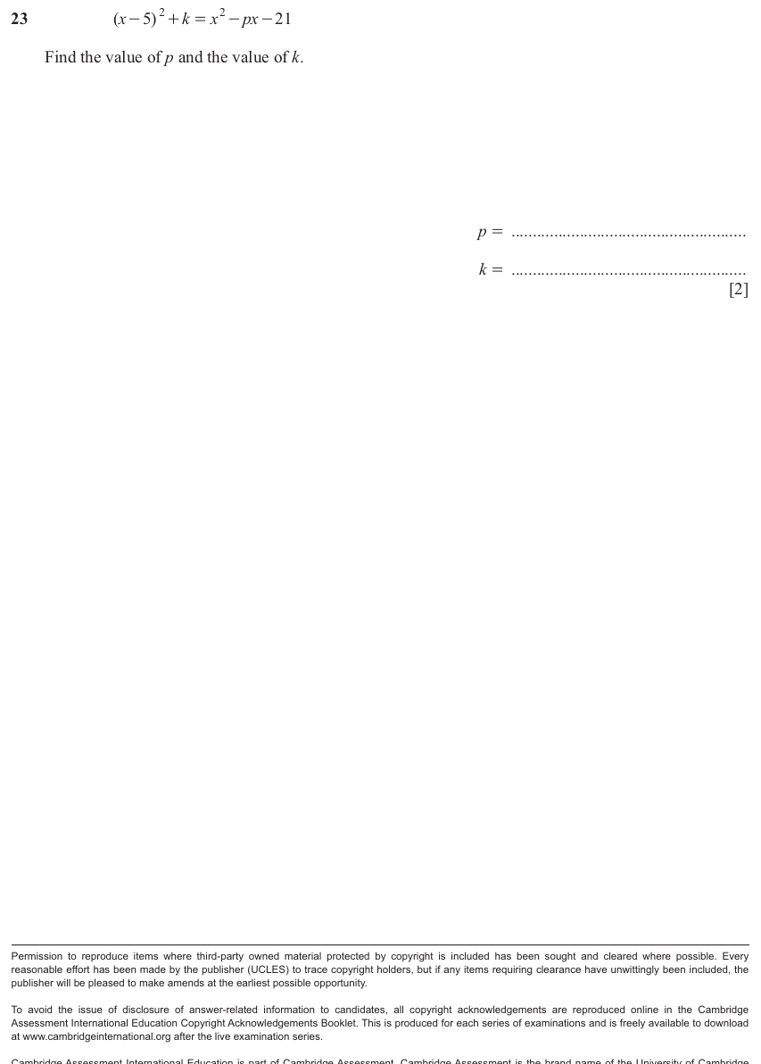 IGCSE 0580 Nov 2024 Paper 21 Question 23 — Completing squares (Extended, 2 marks)