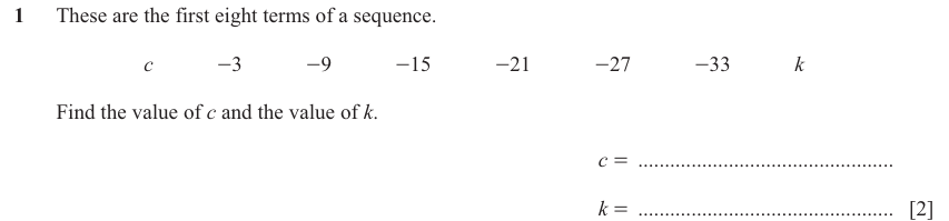 IGCSE Mathematics 0580 Oct/Nov 2024 Paper 22 Question 1 – Algebra, Sequences, 2 marks