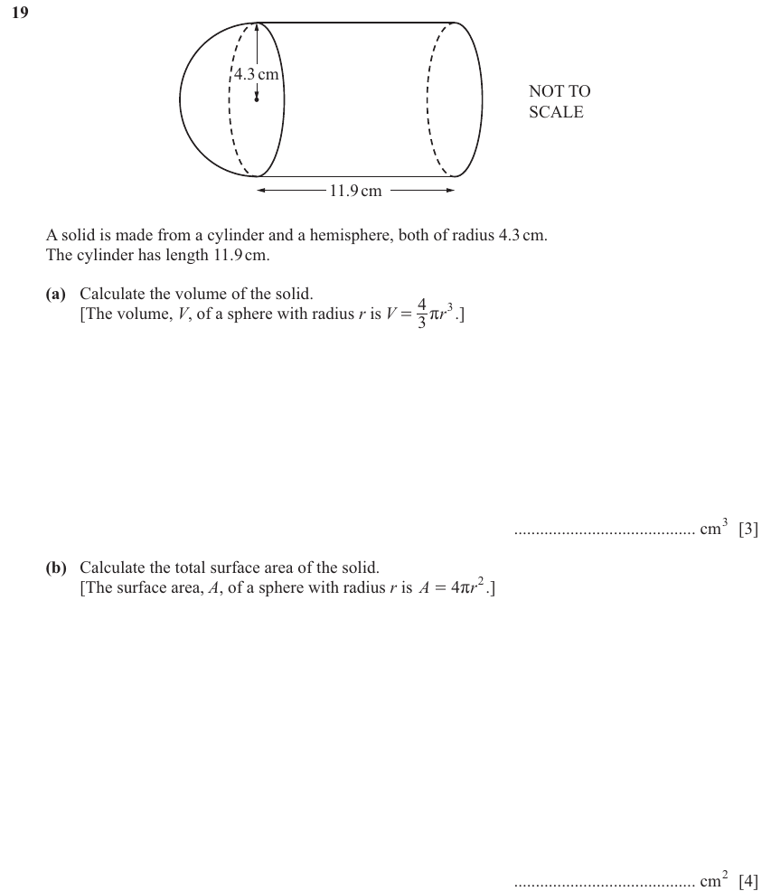 IGCSE Mathematics 0580 Oct/Nov 2024 Paper 22 Question 19 – Mensuration, Perimeter, Area and Volume, 7 marks