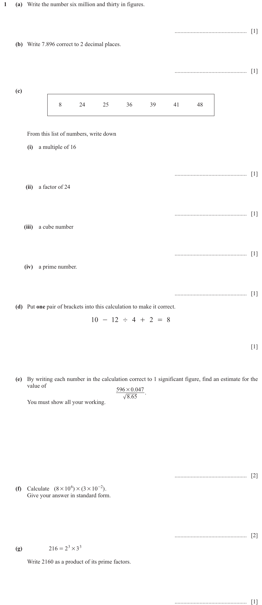 IGCSE Mathematics 0580 Oct/Nov 2024 Paper 31 Question 1 – Numbers, The four rules, 12 marks