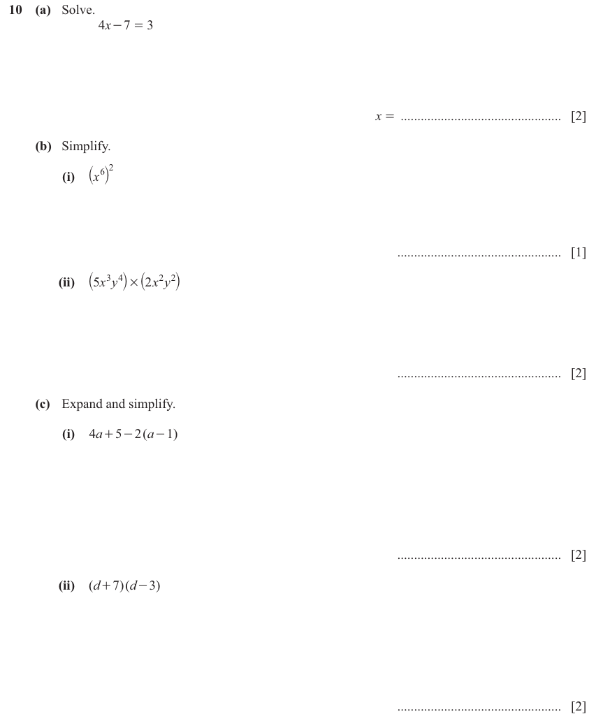 IGCSE Mathematics 0580 Oct/Nov 2024 Paper 31 Question 10 – Algebra, Basic algebra, 9 marks