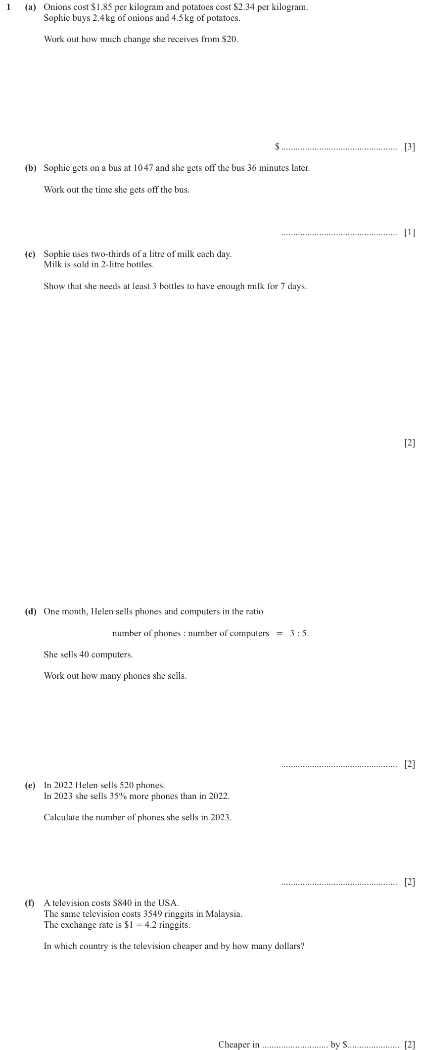 IGCSE Mathematics 0580 Oct/Nov 2024 Paper 32 Question 1 – Numbers, The four rules, 12 marks