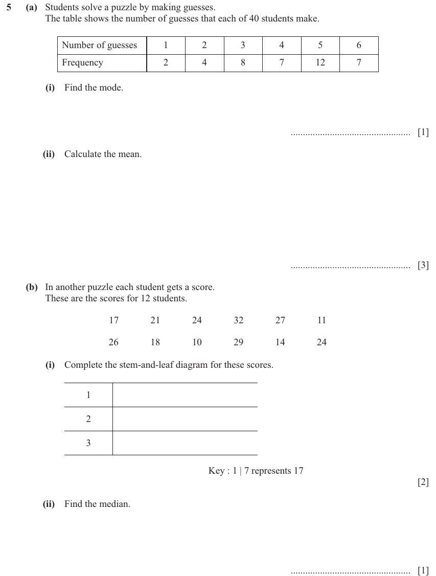 IGCSE Mathematics 0580 Oct/Nov 2024 Paper 32 Question 5 – Statistics, Averages (discrete data), 11 marks
