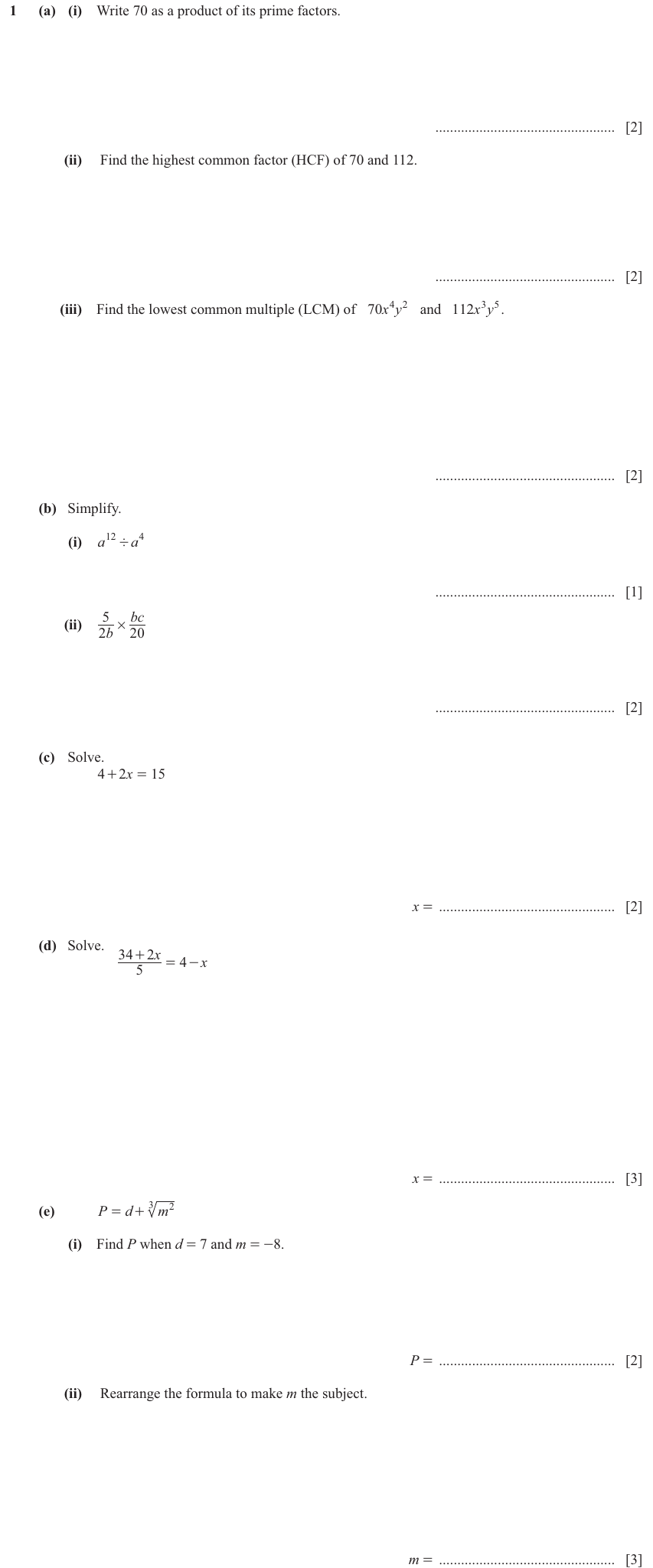 IGCSE Mathematics 0580 Oct/Nov 2024 Paper 41 Question 1 – Numbers, The four rules, 19 marks