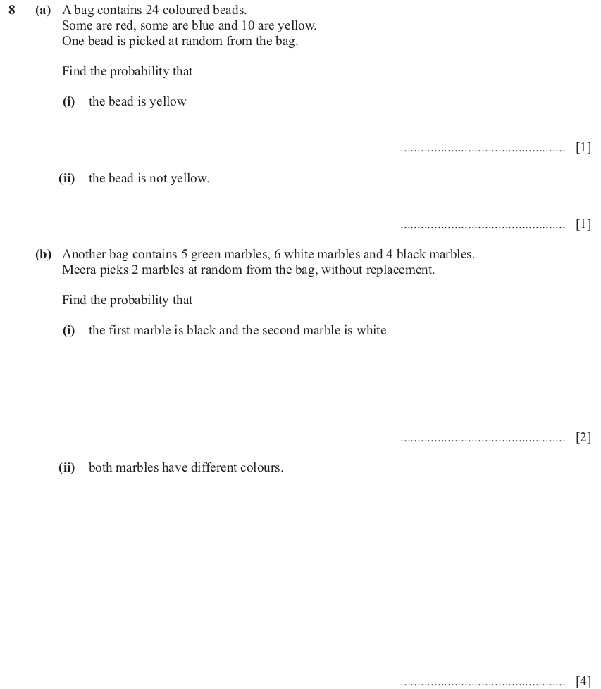 IGCSE Mathematics 0580 Oct/Nov 2024 Paper 42 Question 8 – Probability, General, 8 marks
