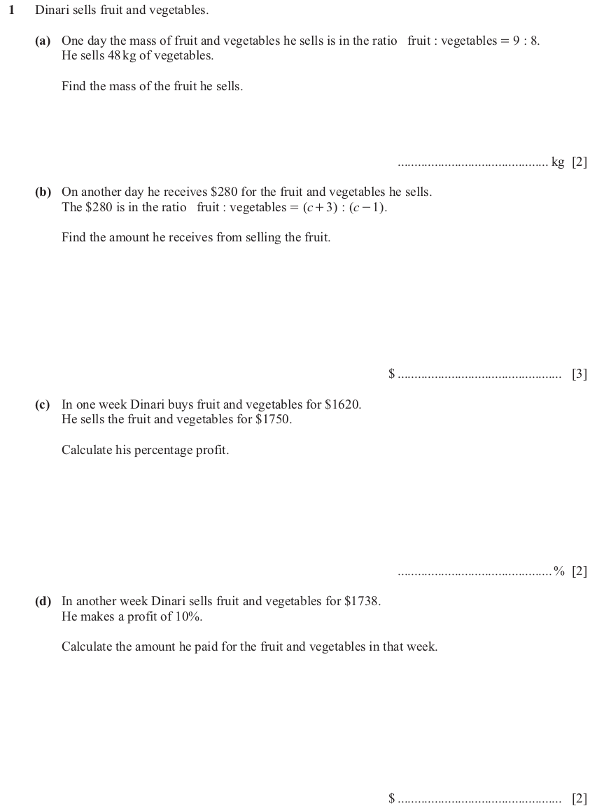 IGCSE 0580 Nov 2024 Paper 43 Question 1 — Ratio and proportion (Extended, 9 marks)