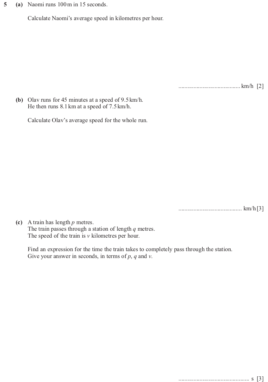 IGCSE 0580 Nov 2024 Paper 43 Question 5 — Speed, distance, time problems (Extended, 8 marks)