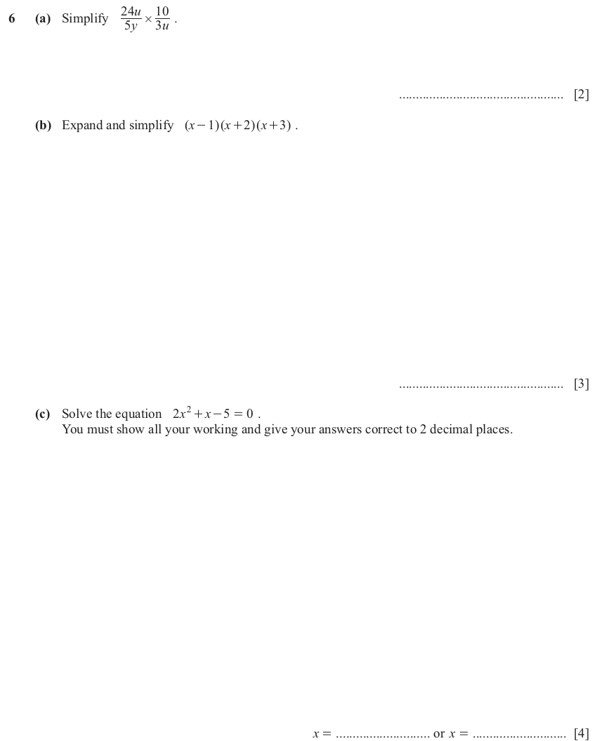 IGCSE Mathematics 0580 Oct/Nov 2024 Paper 43 Question 6 – Algebra, Basic algebra, 9 marks