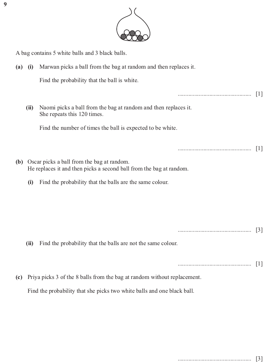 IGCSE Mathematics 0580 Oct/Nov 2024 Paper 43 Question 9 – Probability, General, 9 marks