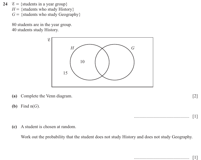 IGCSE 0580 Nov 2025 Paper 11 Question 24 — Sets and Venn Diagram (non calculator) (Core, 4 marks)