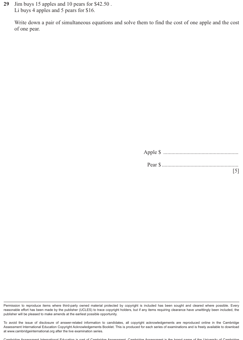 IGCSE 0580 Nov 2025 Paper 11 Question 29 — Simultaneous equations (Core, 5 marks)