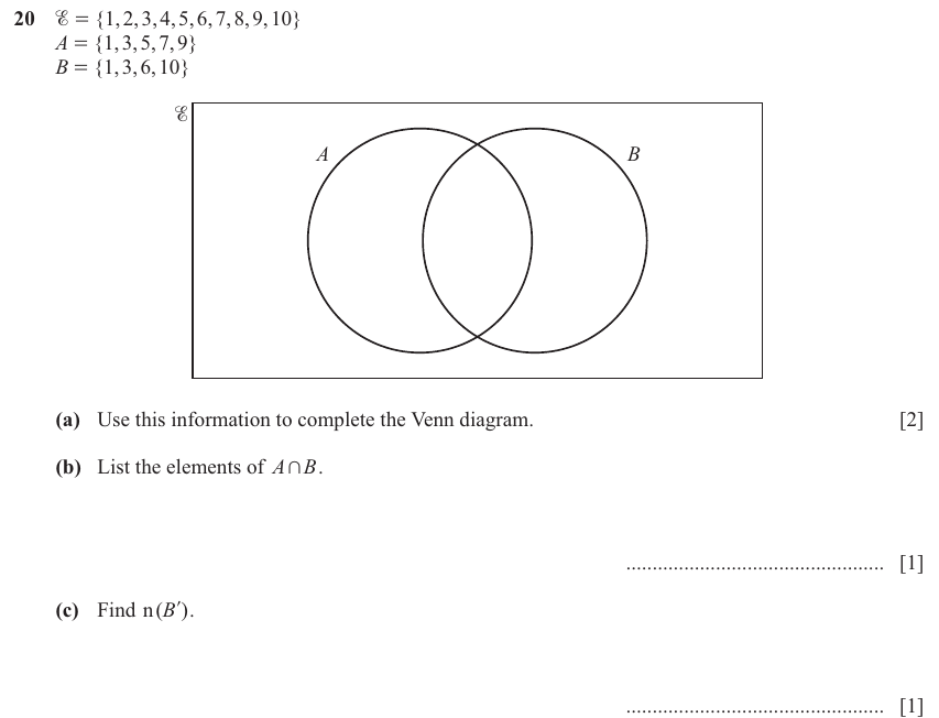 IGCSE 0580 Nov 2025 Paper 12 Question 20 — Sets and Venn Diagram (non calculator) (Core, 4 marks)