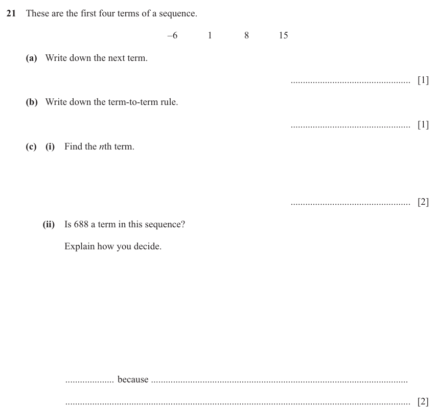 IGCSE 0580 Nov 2025 Paper 13 Question 21 — Sequences (Core, 6 marks)