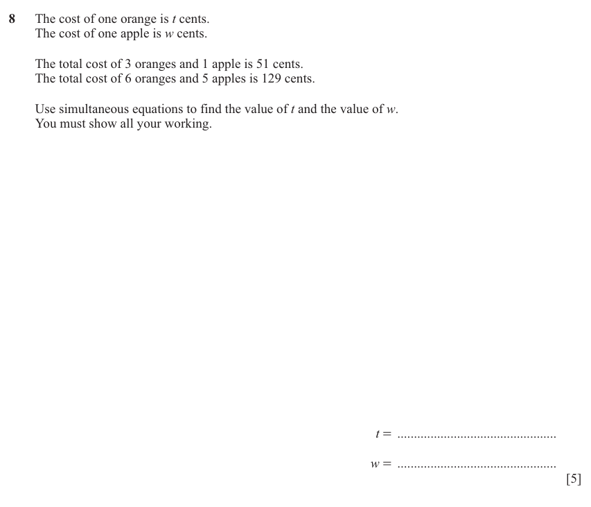 IGCSE 0580 Nov 2025 Paper 21 Question 8 — Simultaneous equations (Extended, 5 marks)