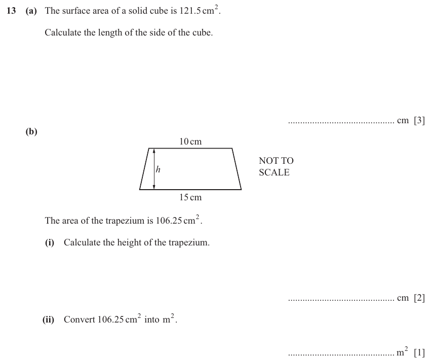 IGCSE 0580 Nov 2025 Paper 31 Question 13 — Perimeter, Area and Volume (Core, 6 marks)