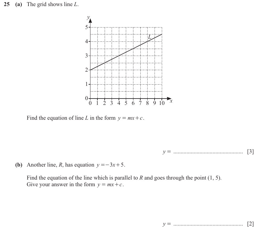 IGCSE 0580 Nov 2025 Paper 32 Question 25 — Equation of a straight line (Core, 5 marks)