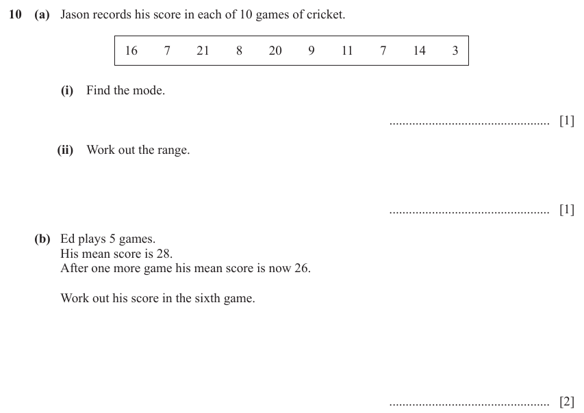 IGCSE 0580 Nov 2025 Paper 33 Question 10 — Averages (discrete data) (Core, 4 marks)